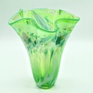 Vintage Handblown Green Swirl Art Glass Handkerchief Vase - Signed